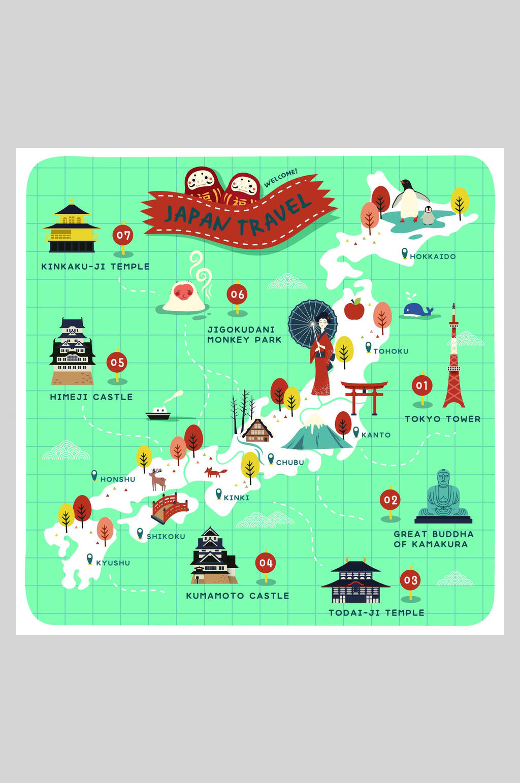 绿色日式旅游插画素材素材