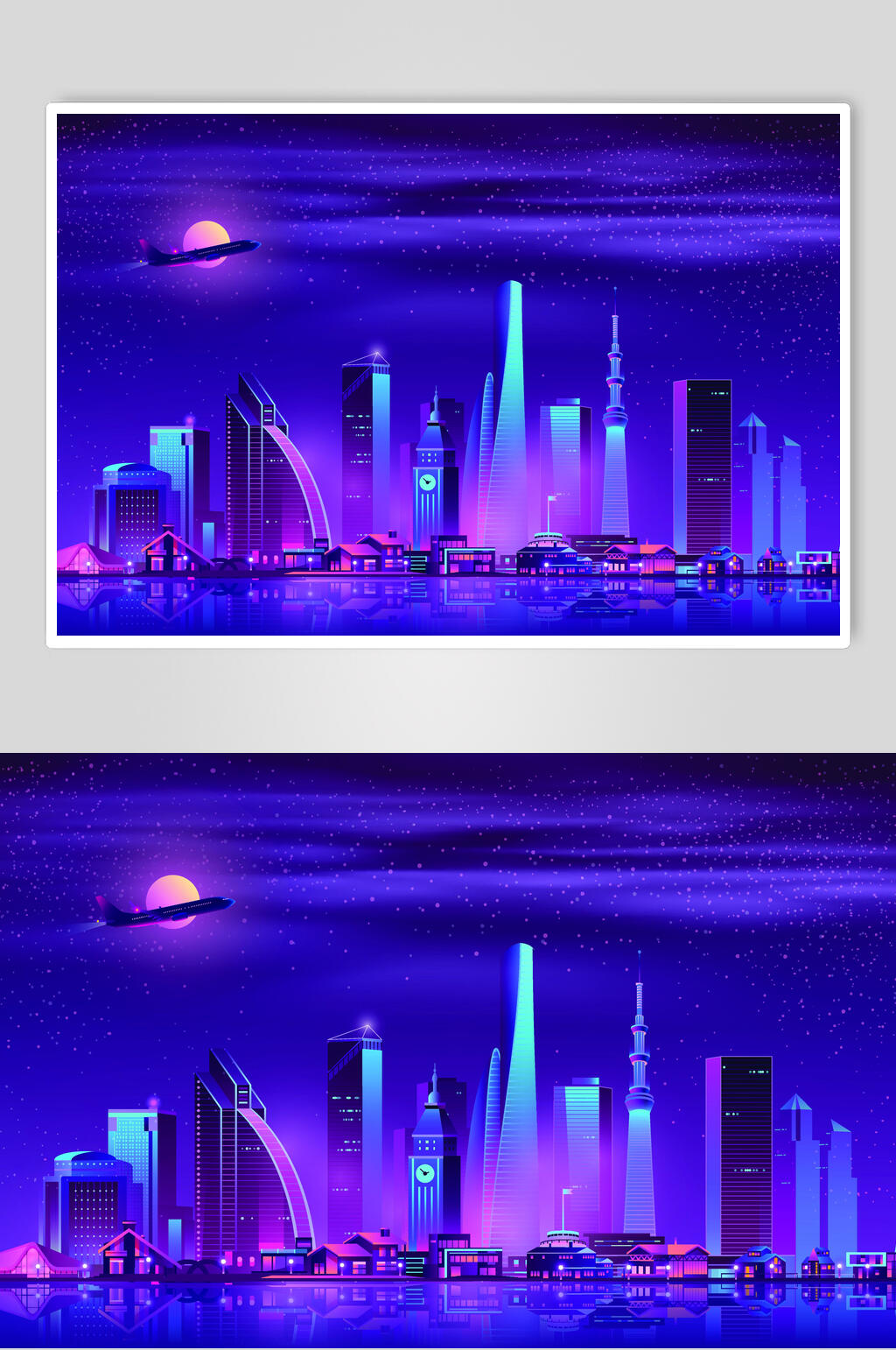 霓虹灯渐变城市建筑夜空飞机设计素材素材