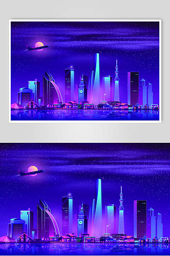 霓虹灯渐变城市建筑夜空飞机设计素材