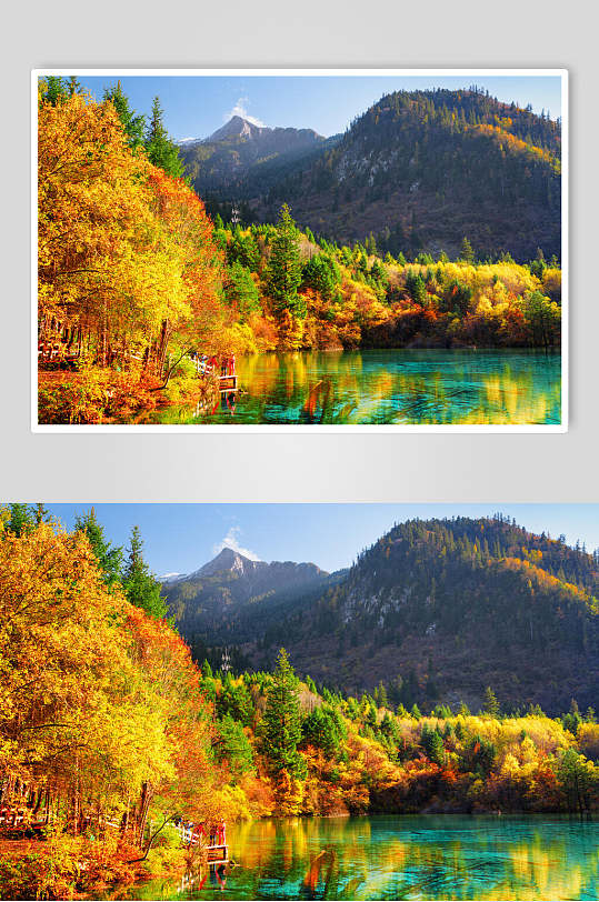色彩艳丽山峰湖泊风景图片