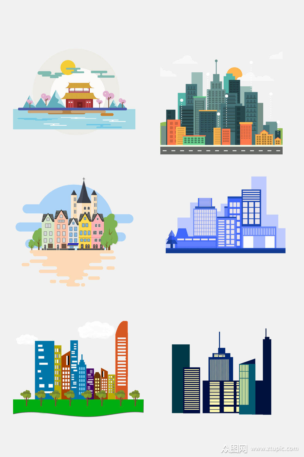 水彩时尚扁平化城市高楼大厦建筑免抠元素