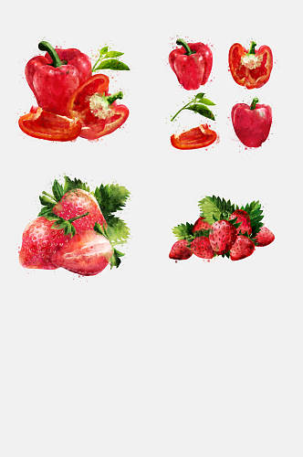 草莓红椒蔬菜水果手绘水彩免抠元素素材