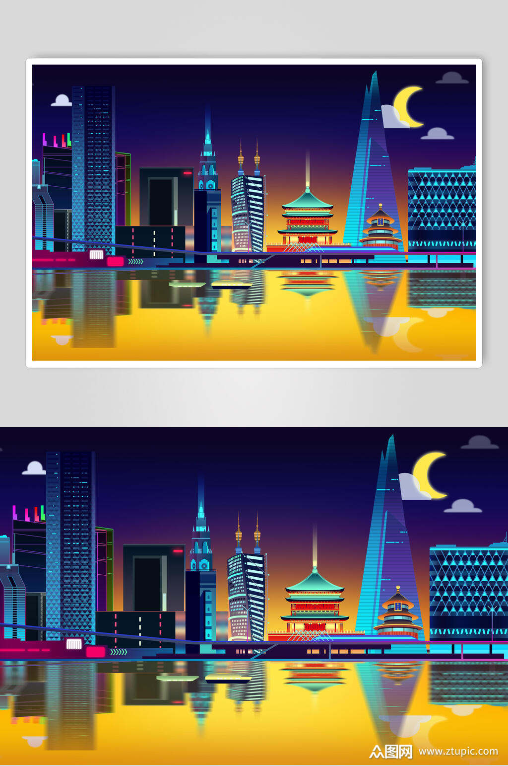 霓虹灯渐变城市建筑倒影设计素材