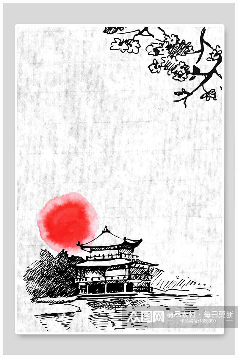 中国风红日湖边古楼水墨画背景素材