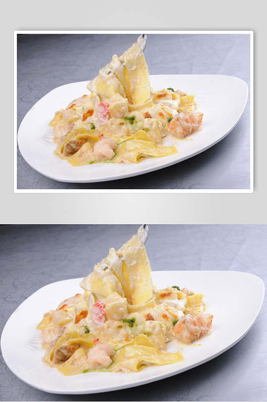 海鲜焗意大利蛋面美食摄影图片