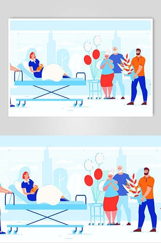 扁平化卡通人物住院病人看望插画设计素材