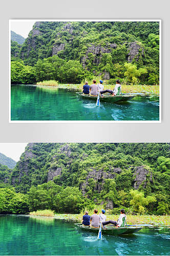 山峰湖泊划船风景图片