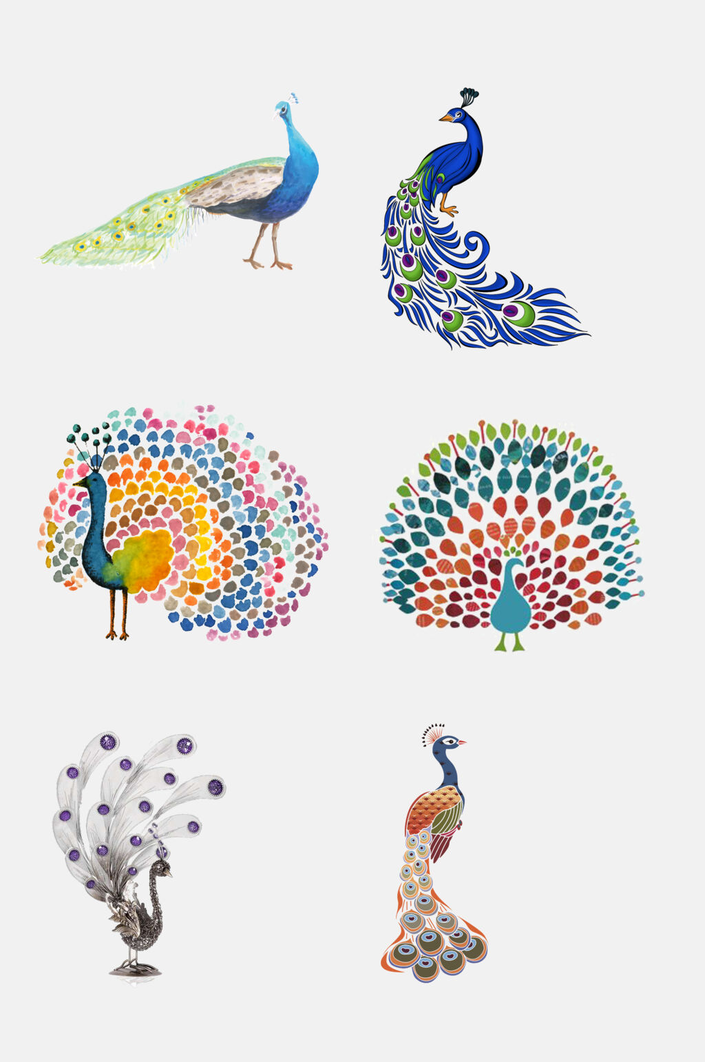 彩色手绘孔雀图案免抠元素素材