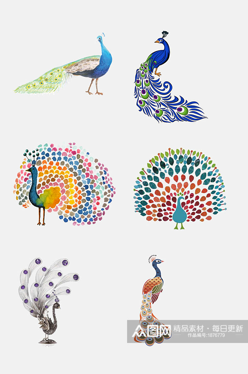 彩色手绘孔雀图案免抠元素素材素材