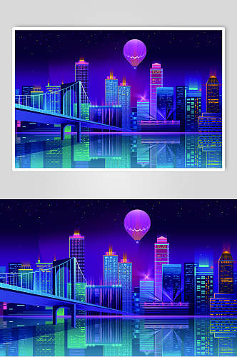 氢气球霓虹灯渐变城市建筑大桥河流设计素材