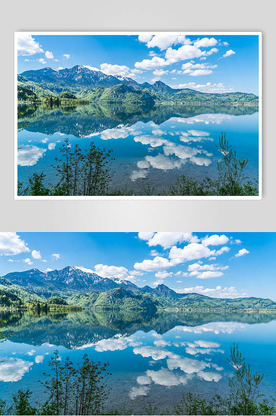 山峰湖泊蓝天白云倒影风景图片