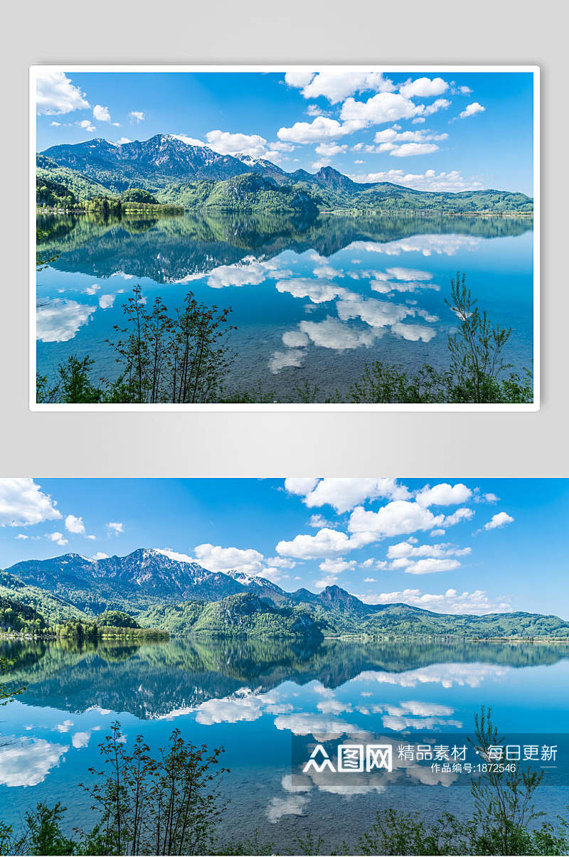 山峰湖泊蓝天白云倒影风景图片素材