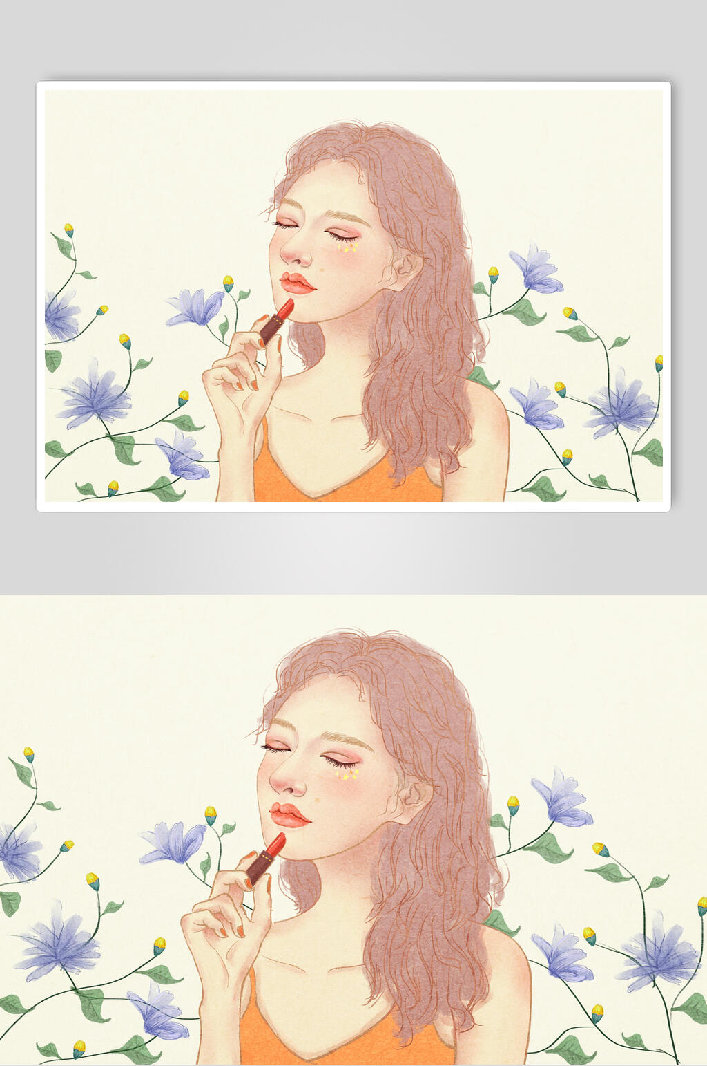 蓝色花卉唇妆美容美妆插画素材素材