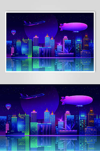 霓虹灯渐变城市建筑飞机科技设计素材