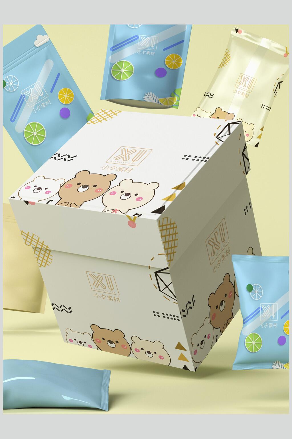 可爱食品包装纸箱样机效果图素材