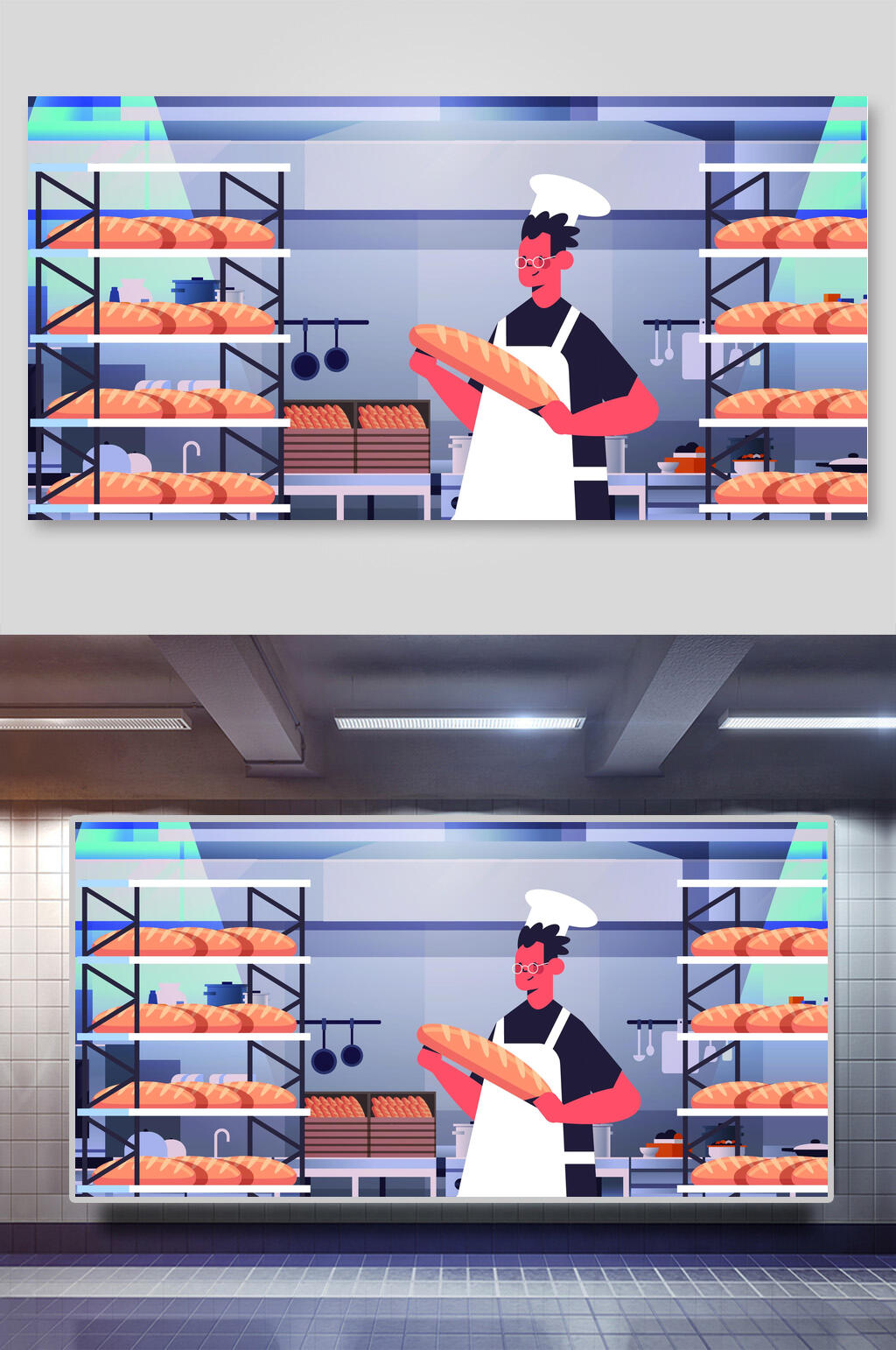 面包店后厨卡通人物生活插画素材