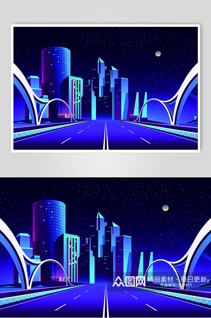 蓝色霓虹灯渐变城市建筑公路大桥设计素材素材