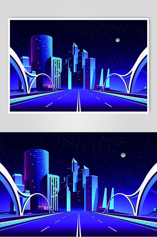 蓝色霓虹灯渐变城市建筑公路大桥设计素材