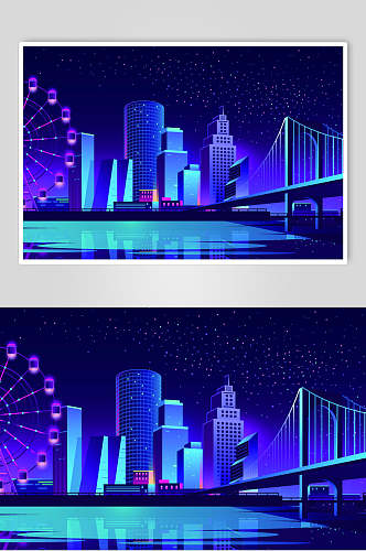 霓虹灯渐变城市建筑河流摩天轮设计素材
