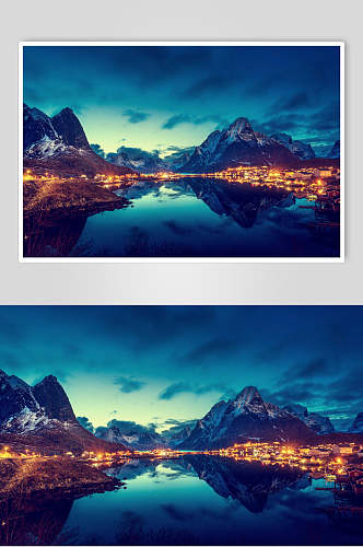 蓝色山峰湖泊风景图片
