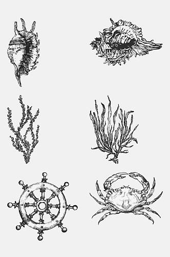 素描罗盘螃蟹海洋生物手绘元素素材