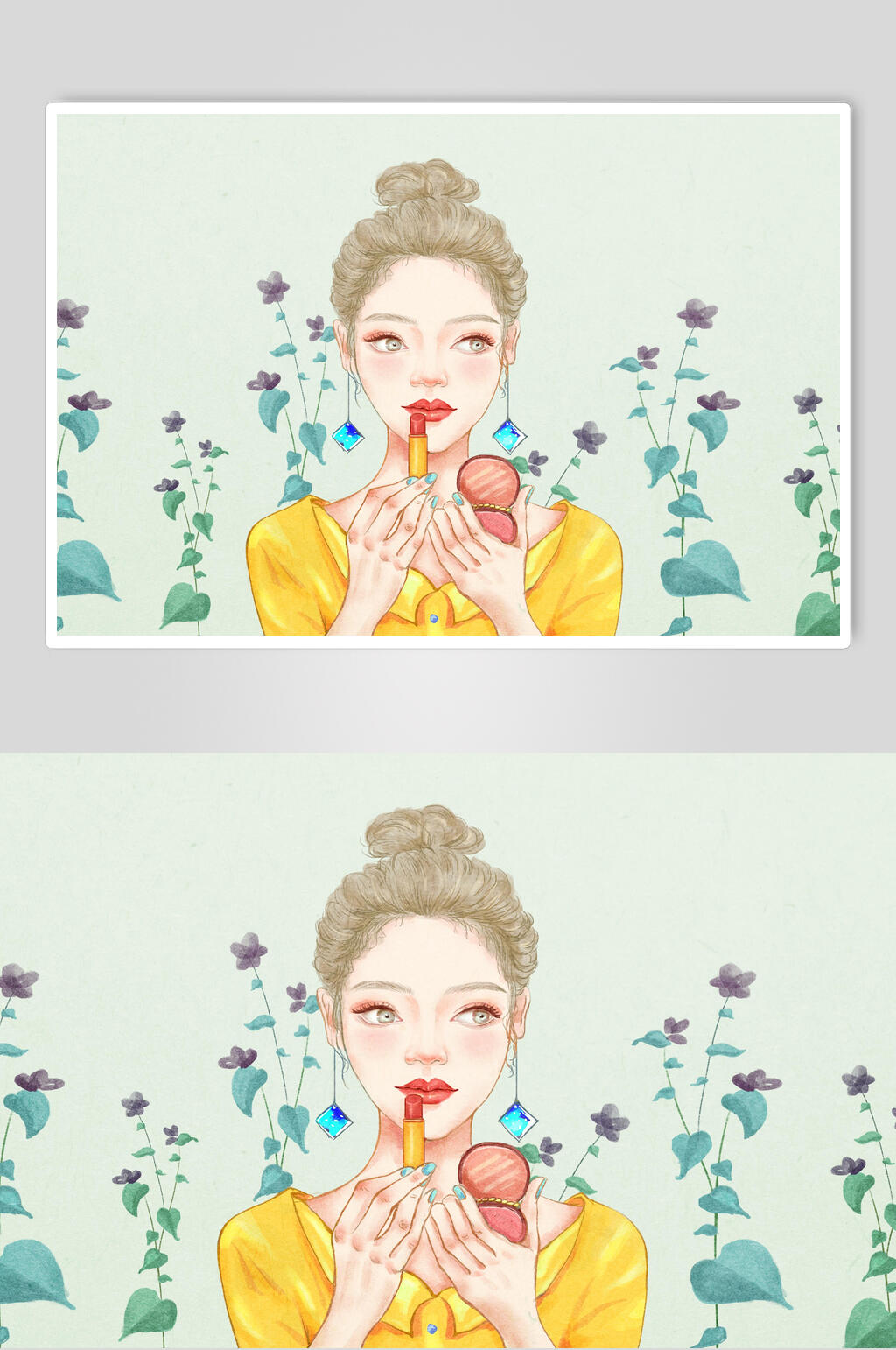 浅蓝色花卉唇妆美容美妆插画素材素材