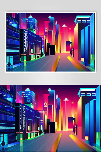 霓虹灯渐变城市建筑街道设计素材