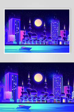 霓虹灯渐变城市建筑夜色设计素材