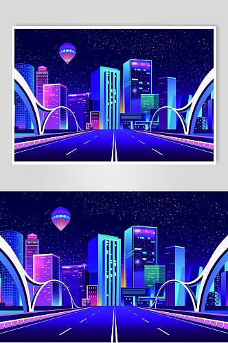 热气球霓虹灯渐变城市建筑公路设计素材