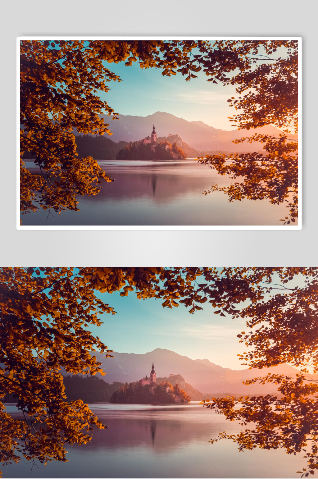 暖色调湖光山色山峰湖泊风景图片素材