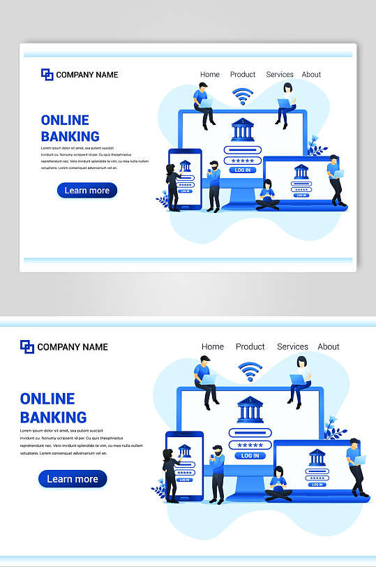 扁平化线上银行网页登录插画设计素材
