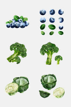 蓝莓花椰菜蔬菜水果手绘水彩免抠元素素材