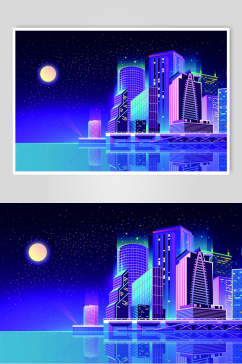 霓虹灯渐变城市建筑江景房设计素材