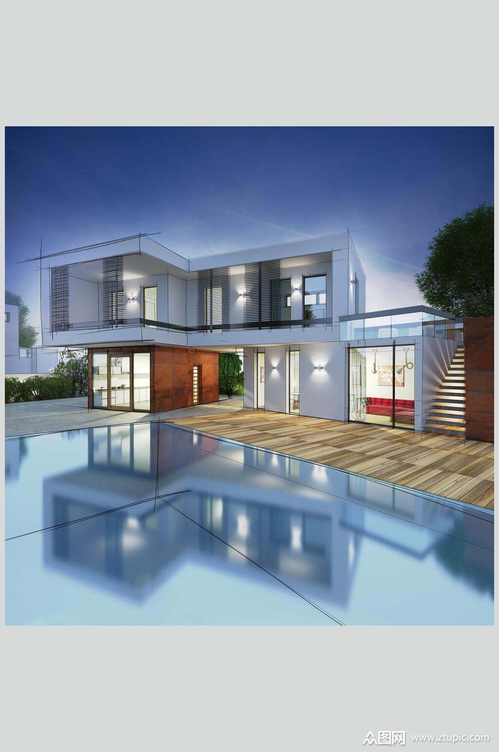 欧式现代别墅全景摄影素材图片