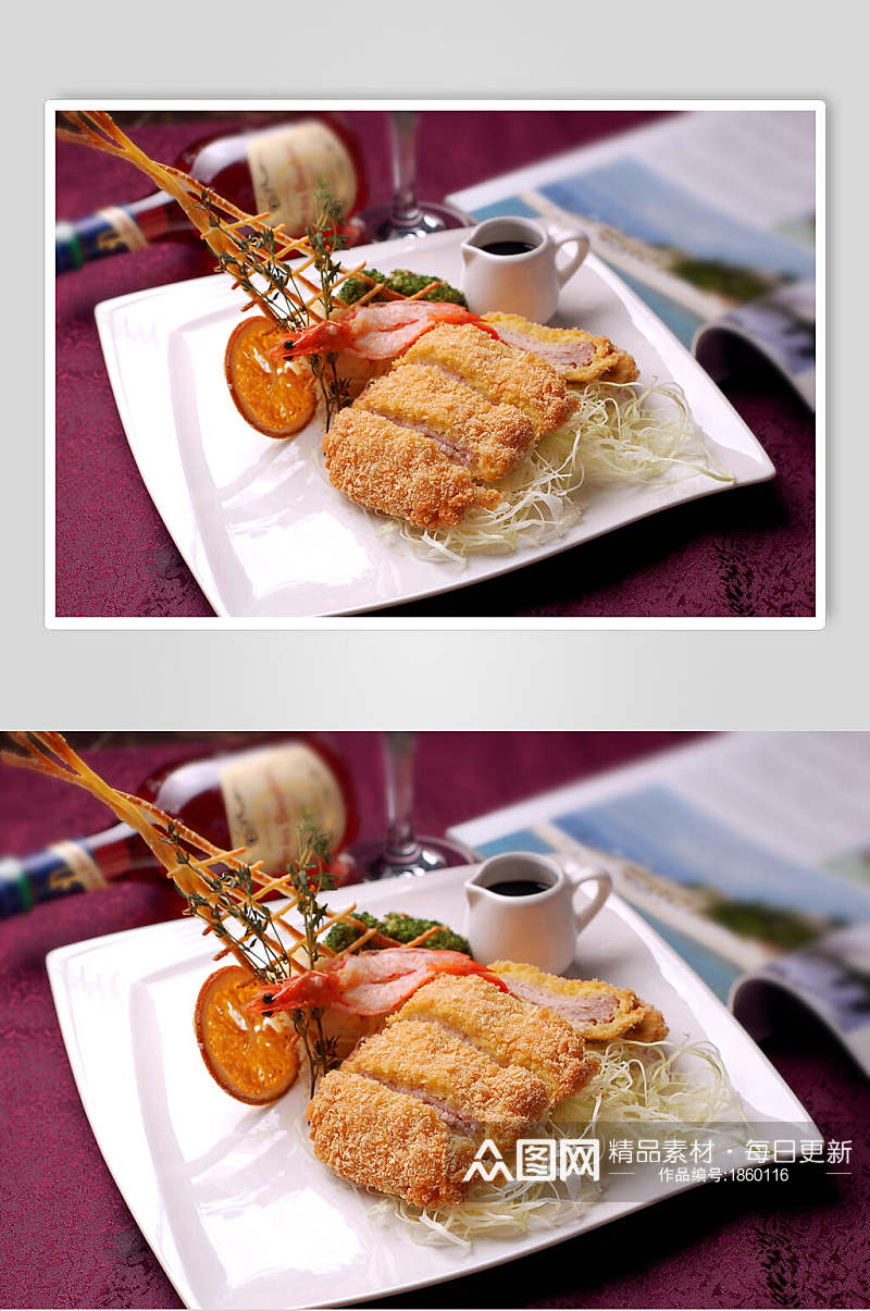 主菜黄金千层炸猪排配大虾高清图片素材