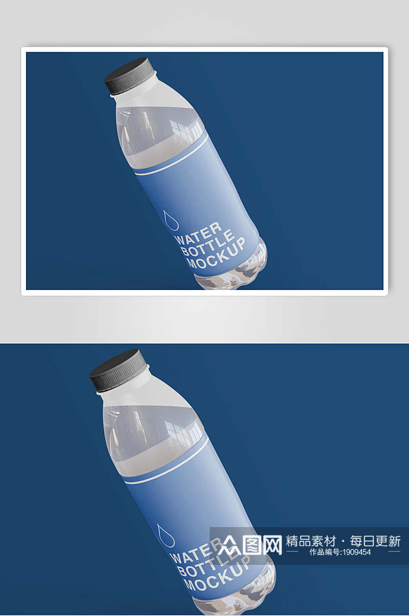 文创蓝色矿泉水瓶标签样机效果图素材