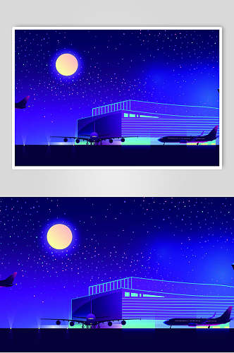 蓝色霓虹灯渐变城市建筑月亮星空设计素材