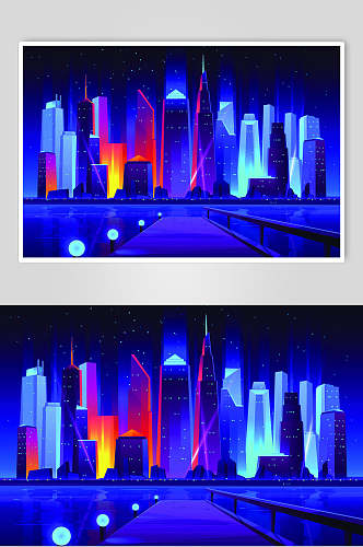 炫彩霓虹灯渐变城市建筑栈道设计素材