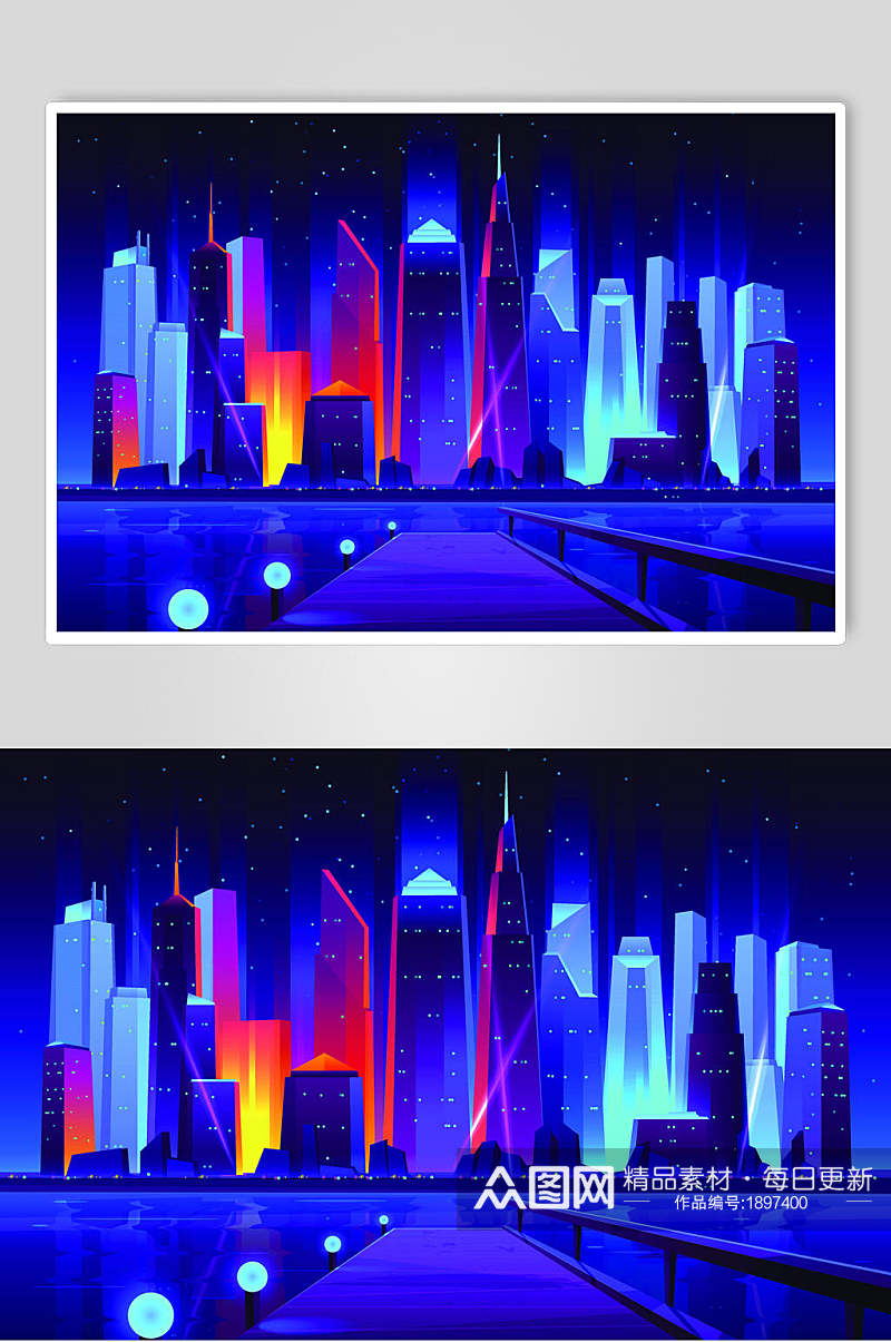 炫彩霓虹灯渐变城市建筑栈道设计素材素材