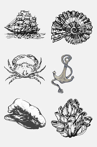 素描螃蟹船海洋生物手绘元素素材