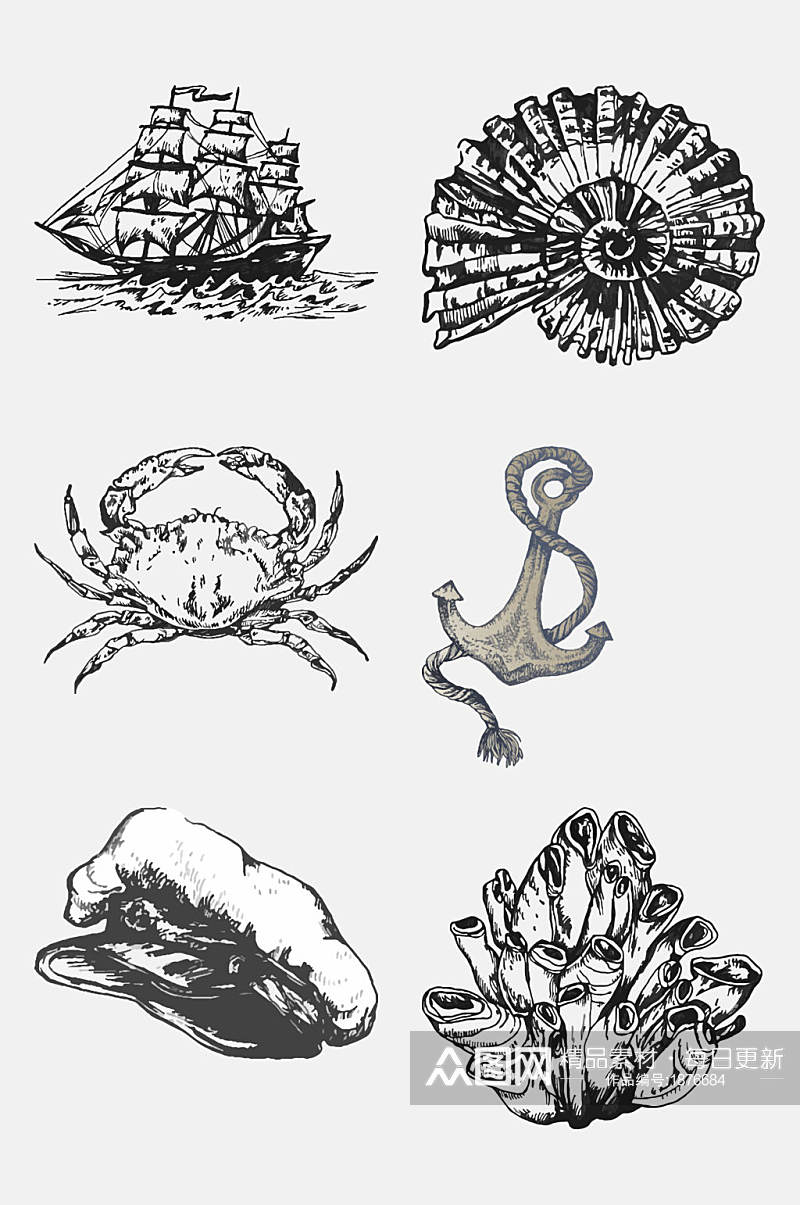 素描螃蟹船海洋生物手绘元素素材素材