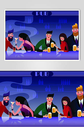蓝色酒吧喝酒聚会插画素材