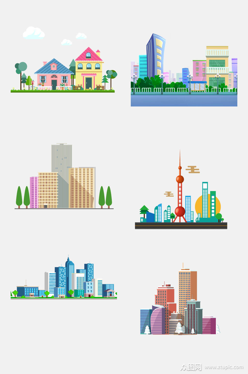 扁平化时尚城市高楼大厦建筑免抠元素