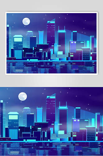 霓虹灯渐变城市建筑夜空月亮设计素材