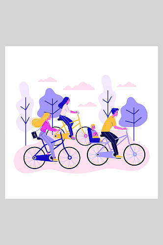 扁平化水彩植物卡通人物骑行插画设计素材