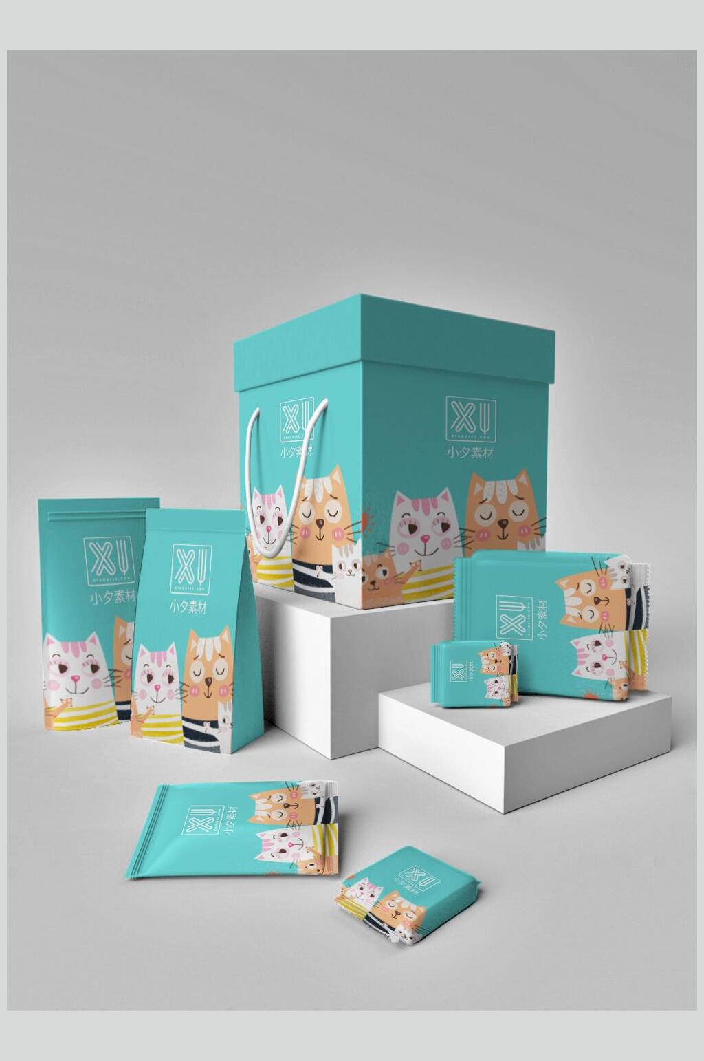 清新可爱猫粮食品包装整套VI样机效果图素材
