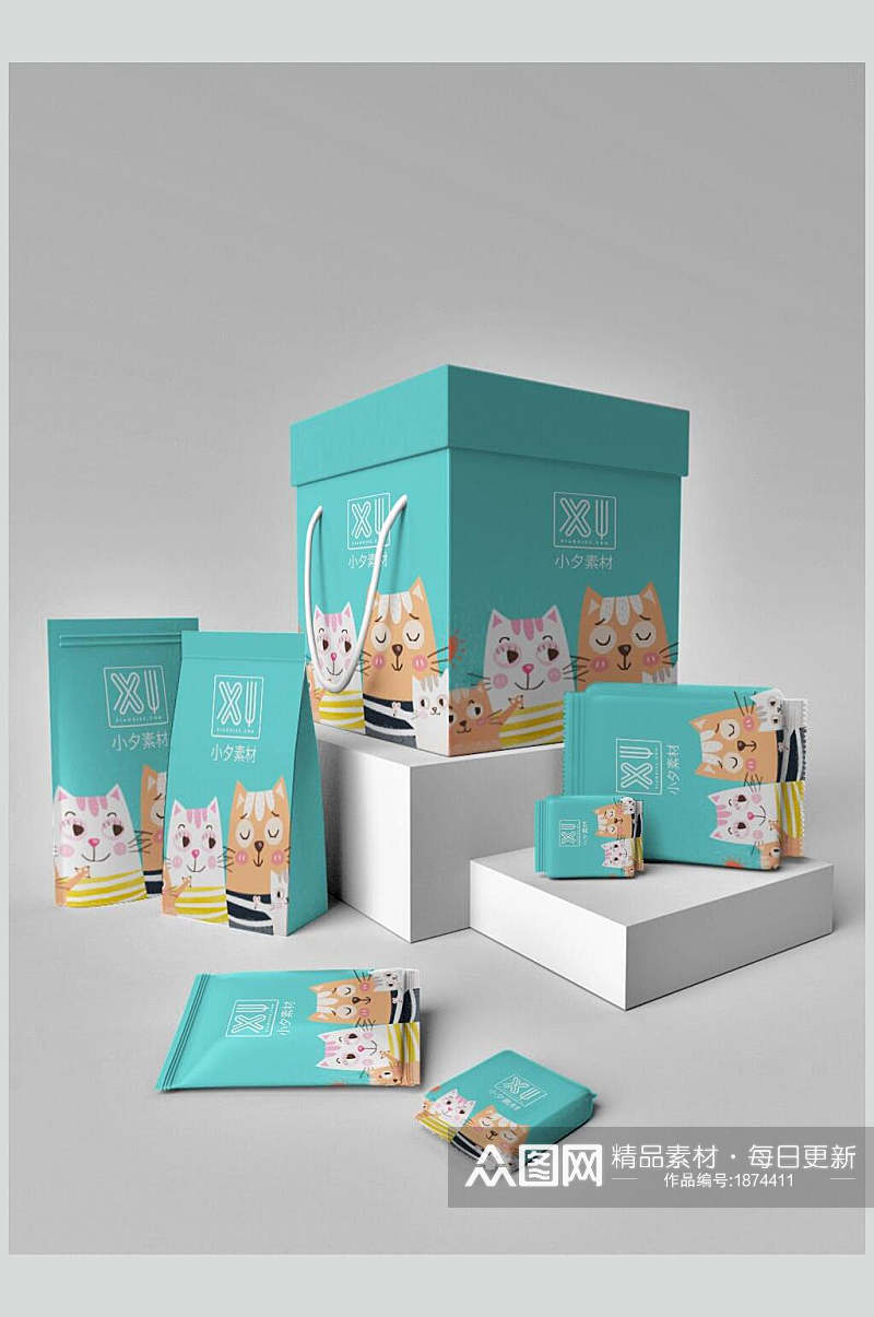 清新可爱猫粮食品包装整套VI样机效果图素材