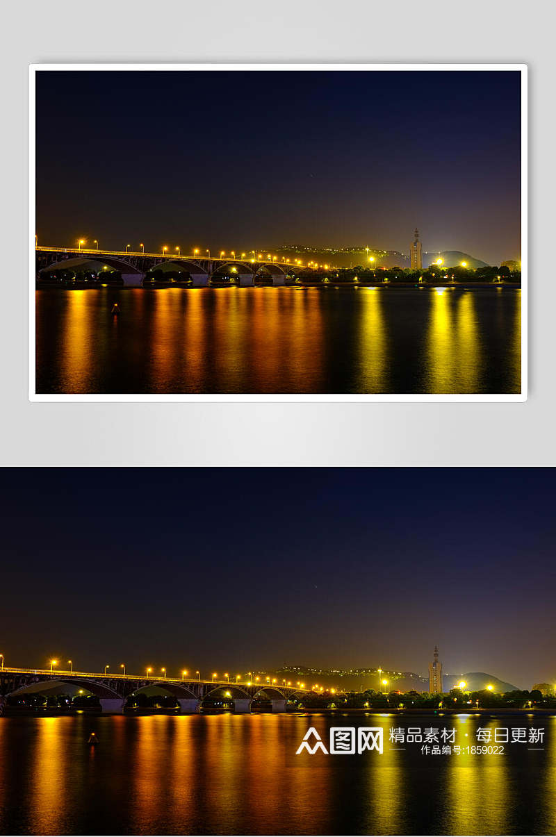 城市长沙大桥夜景倒影摄影图片素材