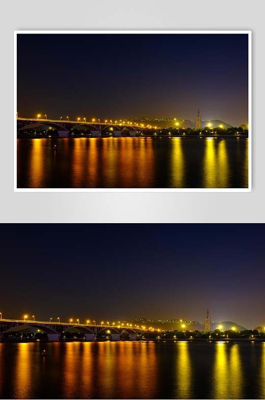 城市长沙大桥夜景倒影摄影图片