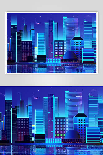 蓝色霓虹灯渐变城市中心建筑设计素材